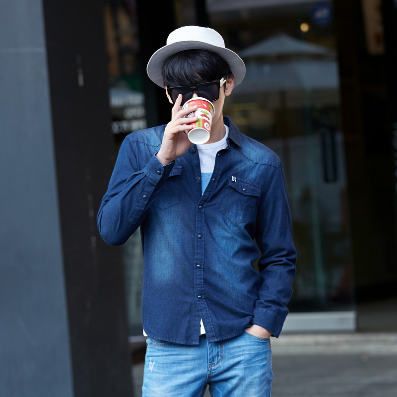 春新款牛仔衬衫男 纯棉长袖衬衣 水洗韩版修身衬衫