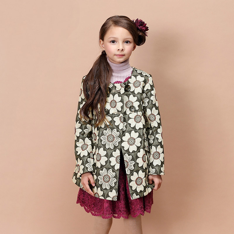 冬装新款女童大花双排扣百搭圆领大衣外套