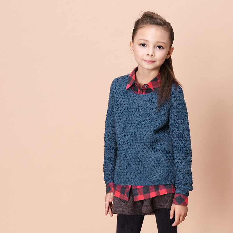 秋装新品女童毛衣 毛线织花长袖套头毛衫